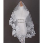 Voal pentru mireasa pe oval fara pieptene VLM015 Ivoire - 140 cm lungime cu dantela